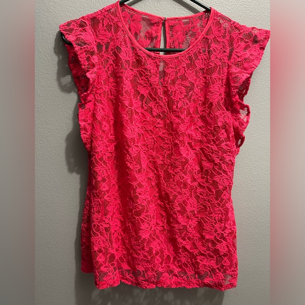 White House Black Market Women's Pink Lace W/ Lining Cap Sleeve Top Size 6